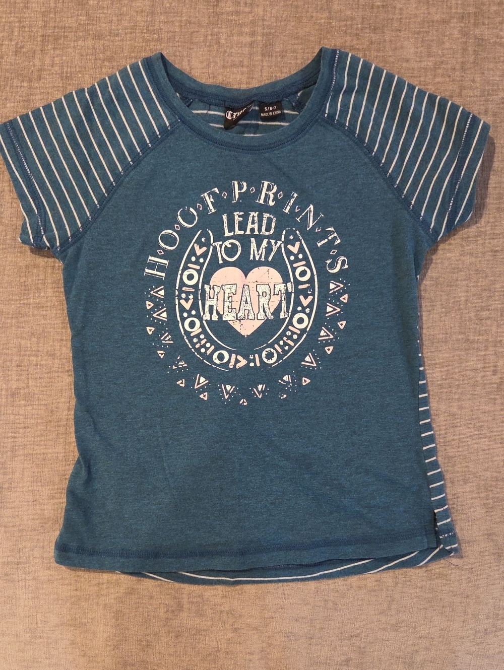Cruel Girl Teal Blue Graphic Tee with Striped Raglan Sleeves